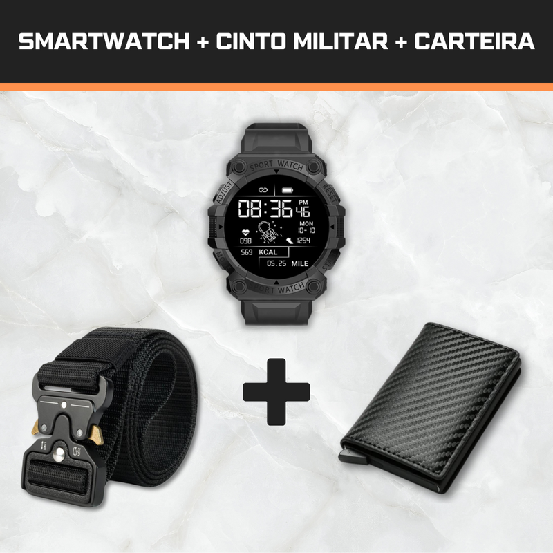 Smartwatch + Carteira Antifurto Moderna + Cinto Tático